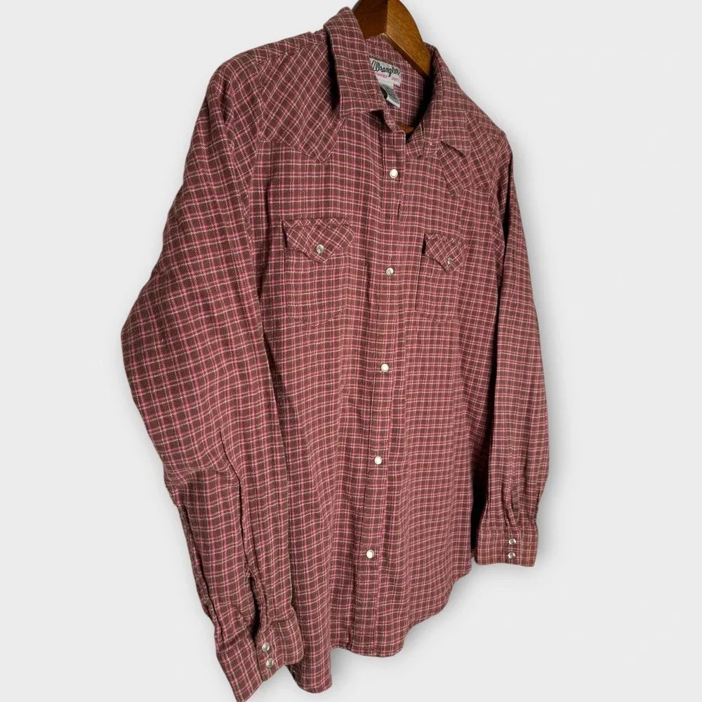 Wrangler Wrancher Pearl Snap Flannel Long Sleeve Shirt Brown Pink Plaid Soft XXL - Picture 3 of 6